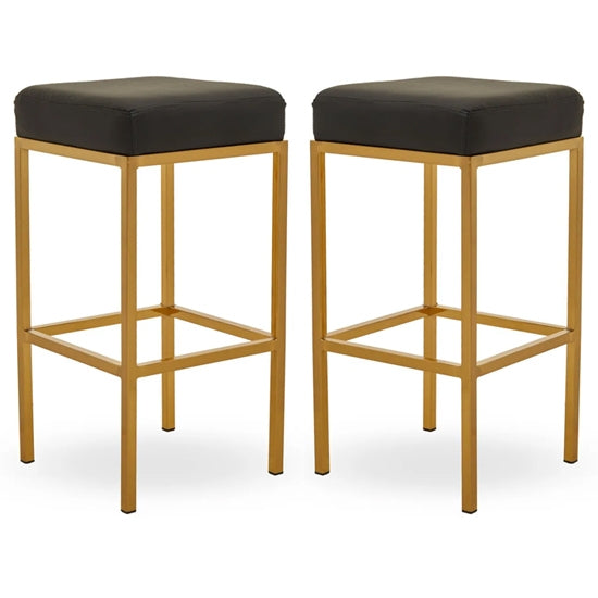 Bolney Black Faux Leather Bar Stools With Gold Metal Base In Pair