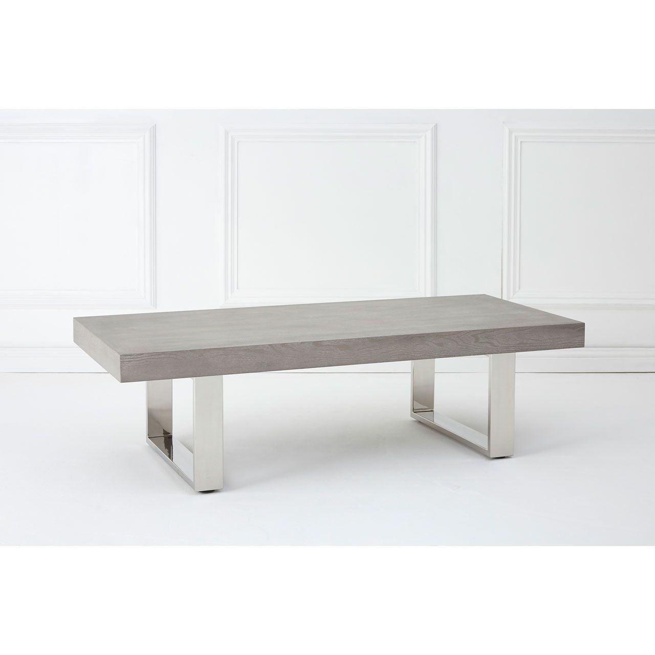Ulmus Wooden Coffee Table In Muted Grey With Stainless Steel Base