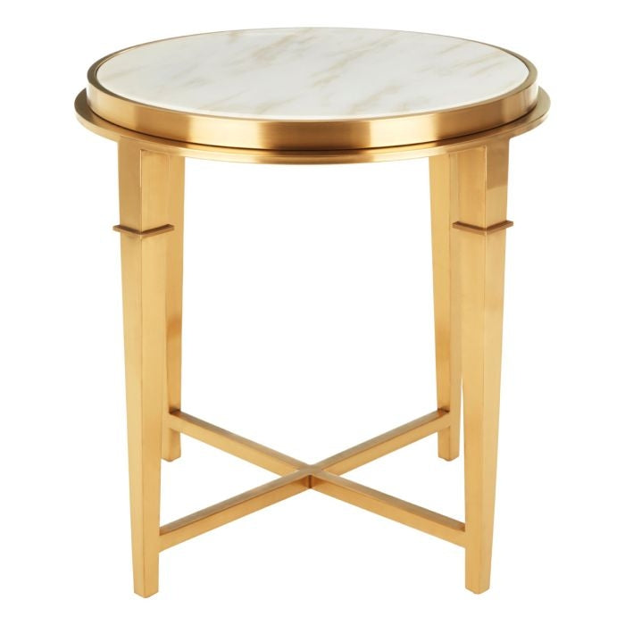 Aurora Round Marble Top Side Table In White With Gold Legs