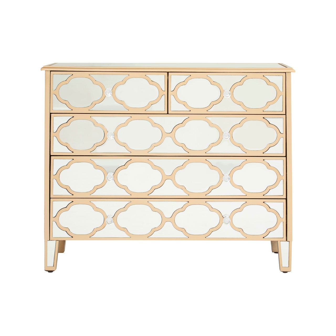 Goldie Crystal Mirrored Chest Of 5 Drawers In Warm Metallic Gold