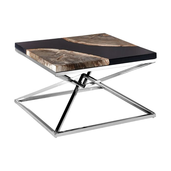 Ripley Petrified Wooden Coffee Table In Black With Geometric Base