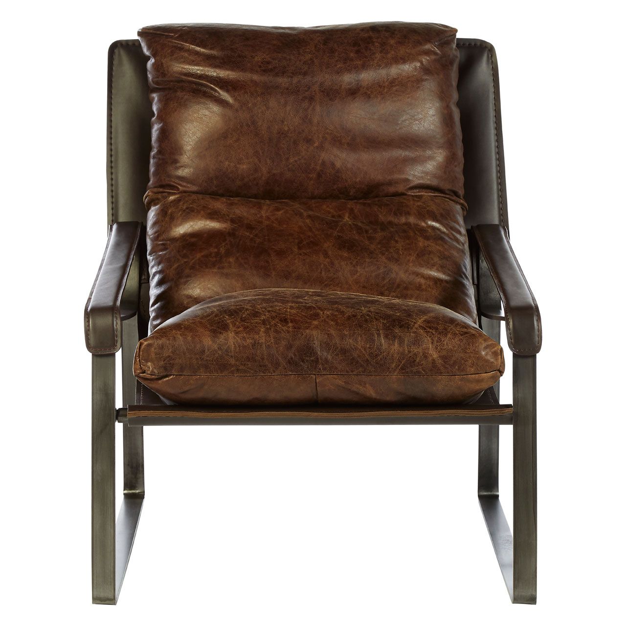 Hoxton Genuine Leather Lounge Chair In Brown With Angular Metal Legs