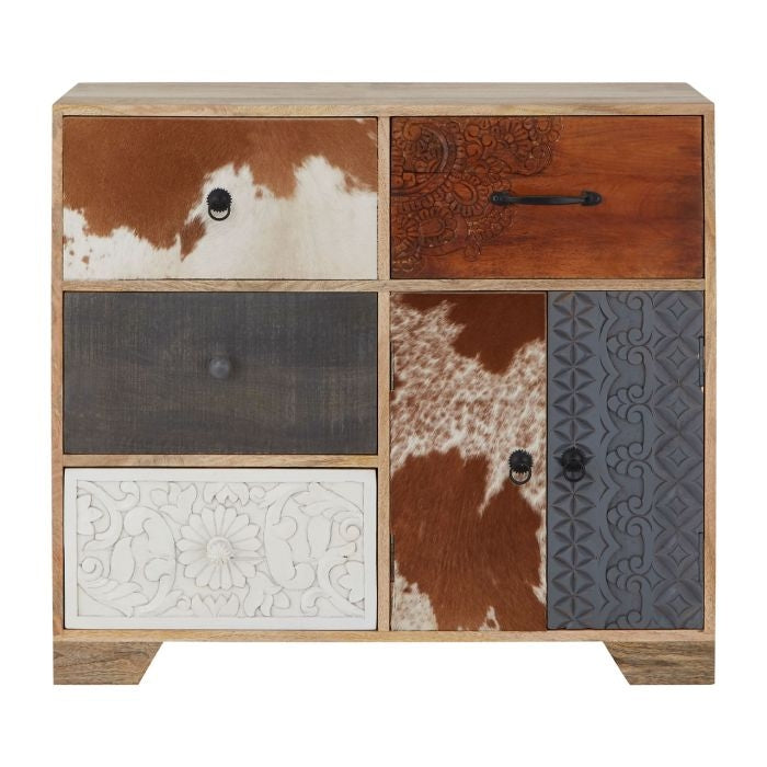 Meriden Tall Wooden Sideboard In Multi-colour With 2 Doors And 4 Drawers