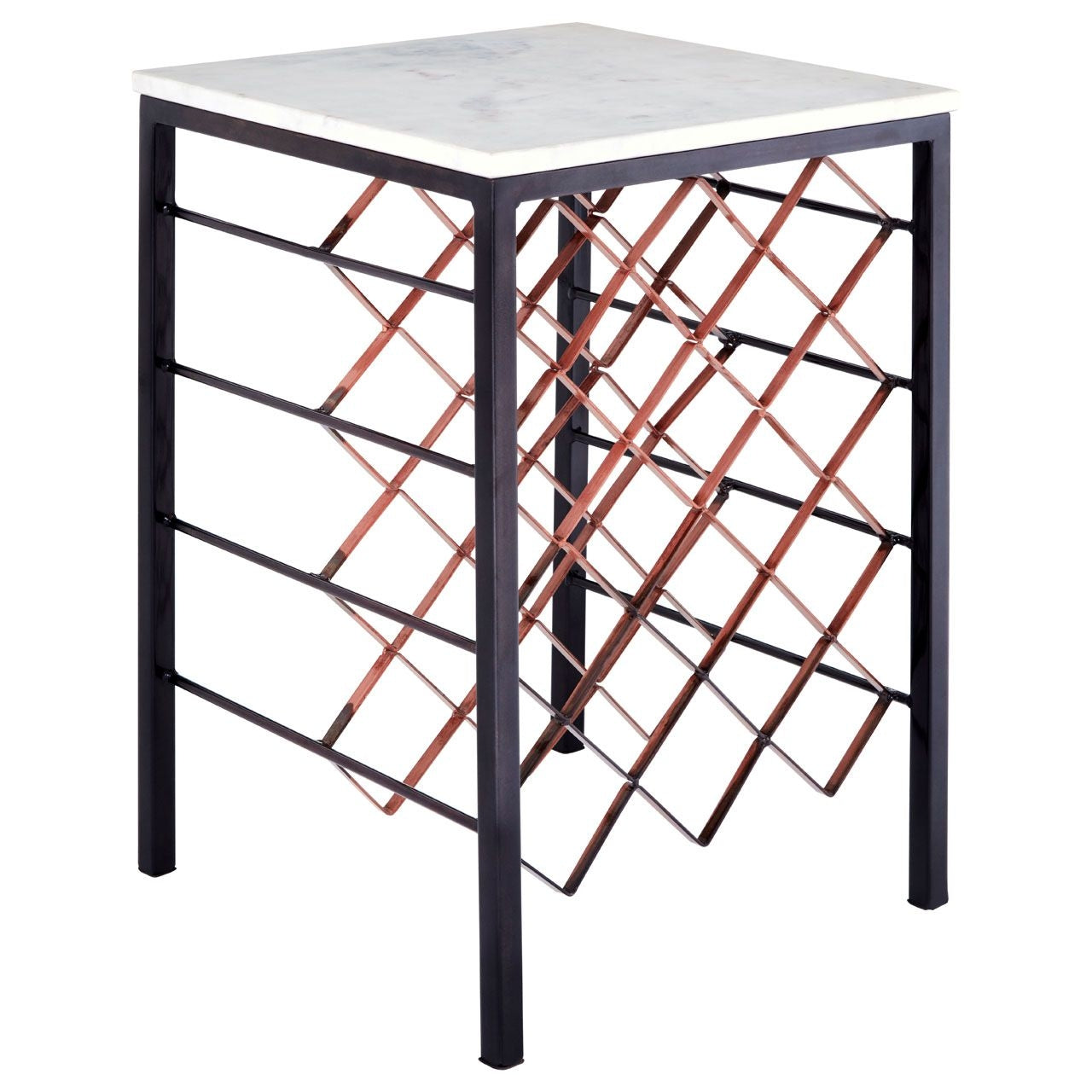 Mahomet Marble Top Side Table In White With Black Metal Wine Rack