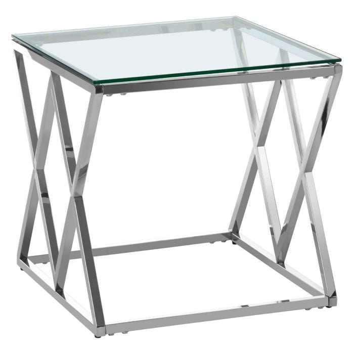 Alton Clear Glass Side Table With Silver Cross Base