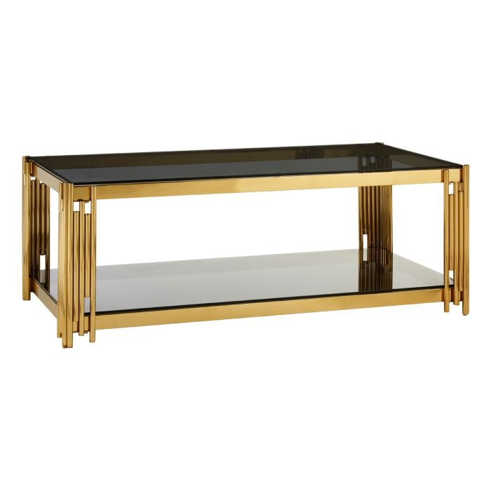 Alton Black Glass Coffee Table With Gold Linear Design Frame