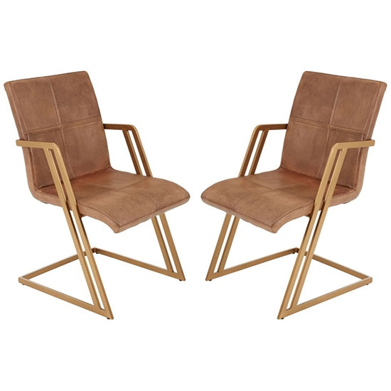 Bodmin Brown Faux Leather Dining Chairs With Brass Angular Legs In Pair