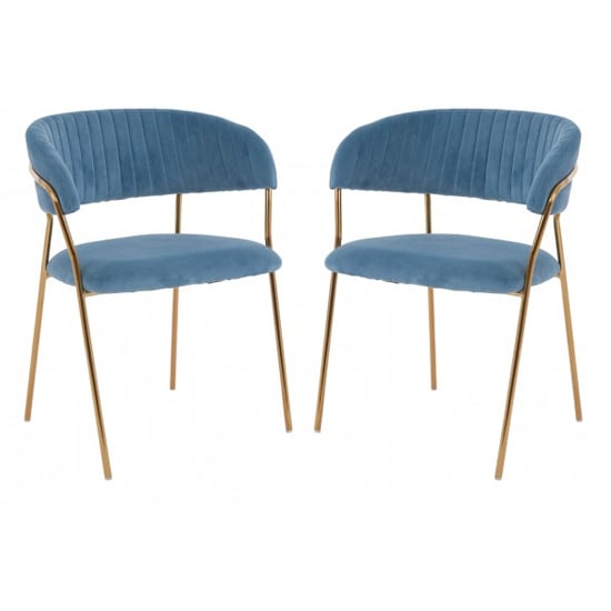 Tamzin Blue Velvet Dining Chairs With Gold Metal Legs In Pair