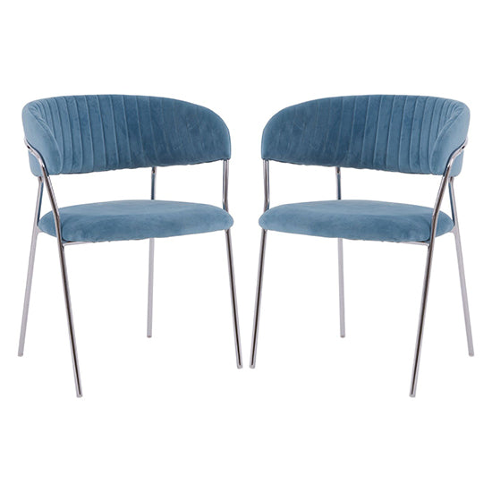 Tamzin Blue Velvet Dining Chairs With Silver Metal Legs In Pair