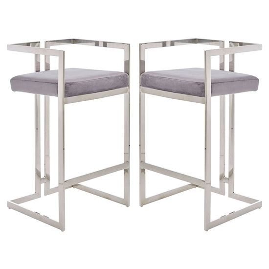 Amberley Grey Velvet Bar Stools With Silver Frame In Pair
