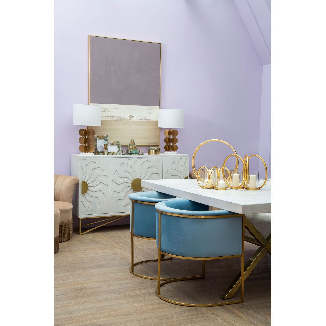 Sadras Wooden Dining Table In Whitewash With Antique Brass Iron Legs