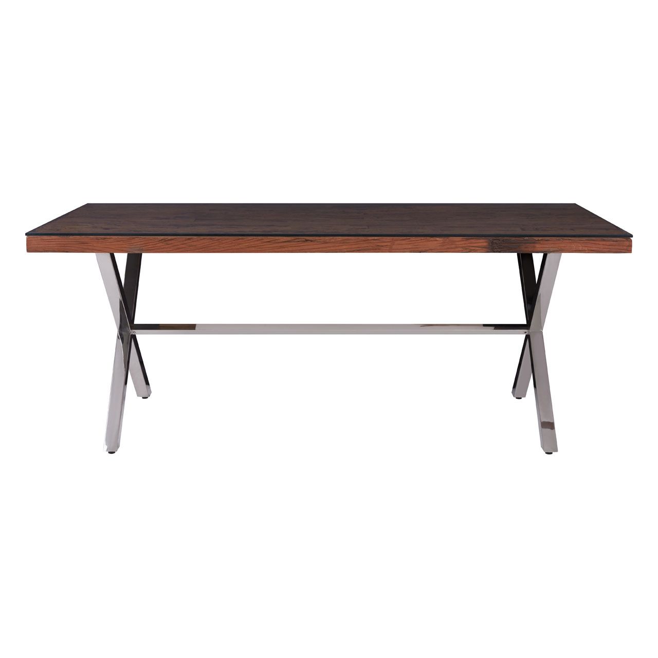Kerala Glass Top Dining Table In Natural With Cross Stainless Steel Legs