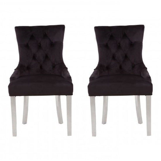 Richmond Black Velvet Dining Chairs With Silver Stainless Steel Legs In Pair