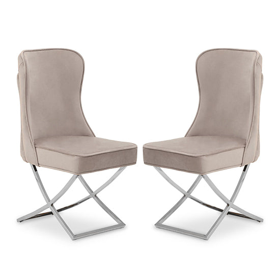 Belle Natural Velvet Dining Chairs With Chrome Metal Legs In Pair
