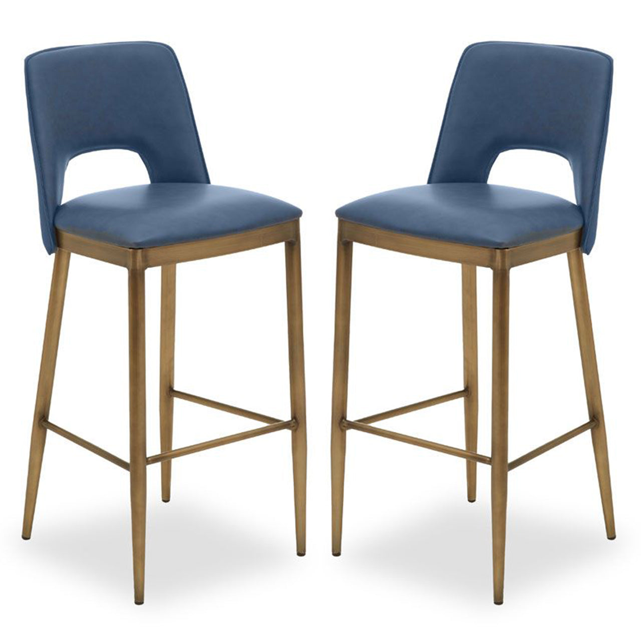 Gilden Blue Leather Effect Bar Chairs With Brass Legs In Pair