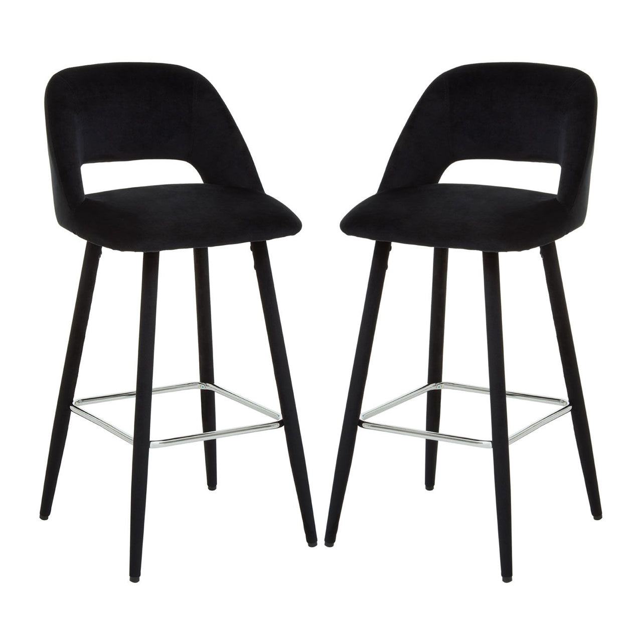 Warren Black Velvet Bar Chairs With Silver Metal Footrest In Pair