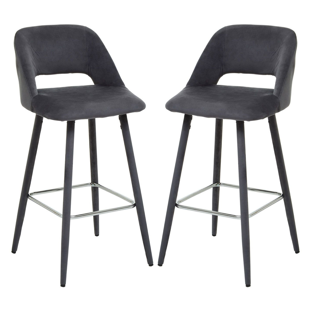 Warren Grey Velvet Bar Chairs With Silver Metal Footrest In Pair