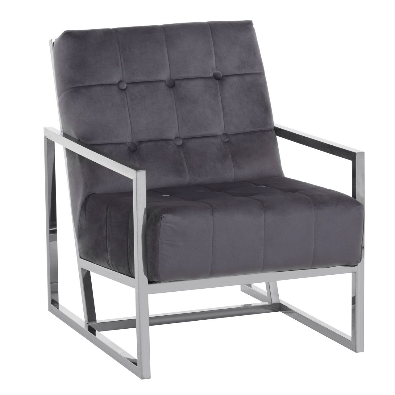 Hana Velvet Fabric Armchair In Grey With Silver Stainless Steel Frame