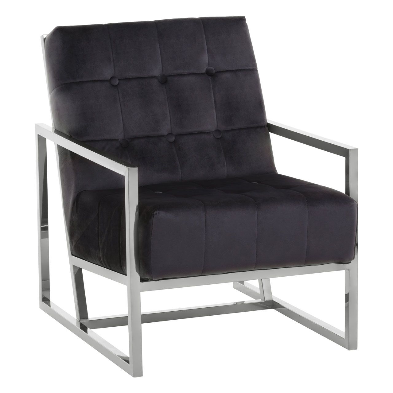 Hana Velvet Fabric Armchair In Black With Silver Stainless Steel Frame