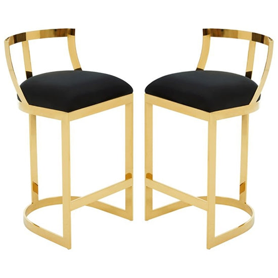 Amberley Black Velvet Bar Chairs With Gold Metal Base In Pair