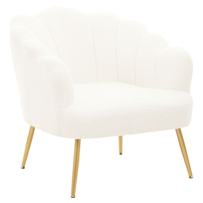Yazmin Seashell Fabric Armchair In Plush White With Gold Metal Legs