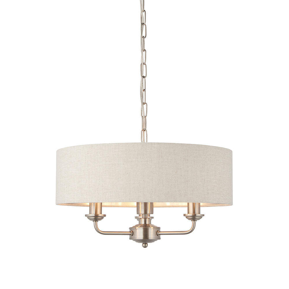 Highclere 3 Lights Natural Linen Shade Ceiling Pendant Light In Brushed Chrome