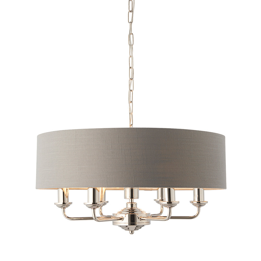 Highclere 6 Lights Charcoal Linen Shade Ceiling Pendant Light In Brushed Nickel