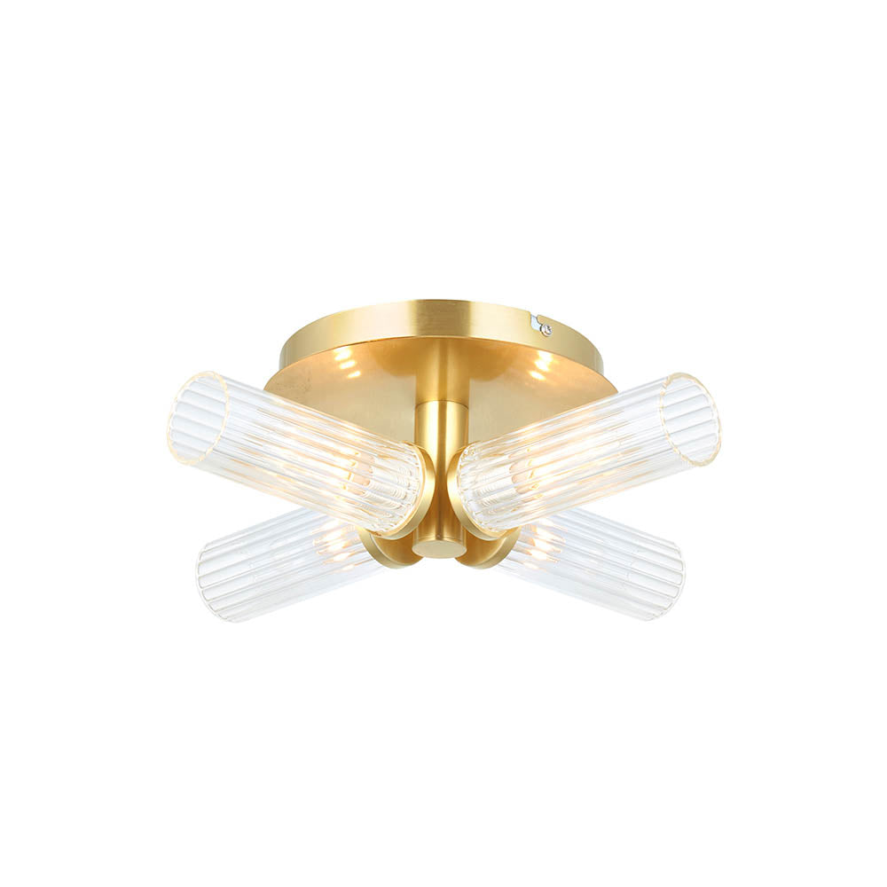 Talo 4 Lights Clear Ribbed Cylindrical Glass Semi Flush Ceiling Light In Satin Brass