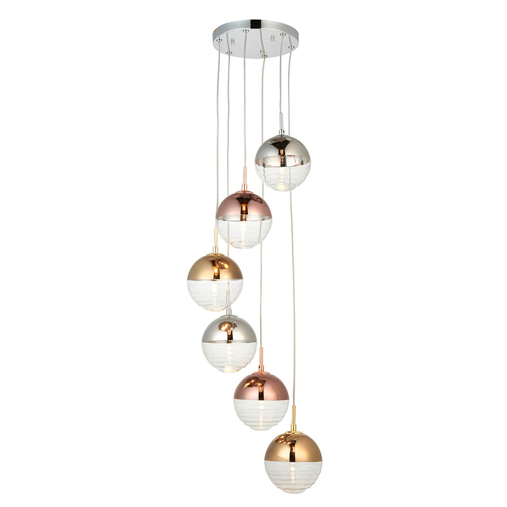 Paloma 6 Lights Ribbed Glass Shades Pendant Light In Polished Chrome