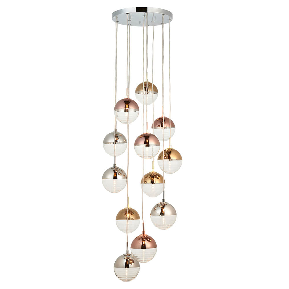 Paloma 12 Lights Ribbed Glass Shades Pendant Light In Polished Chrome