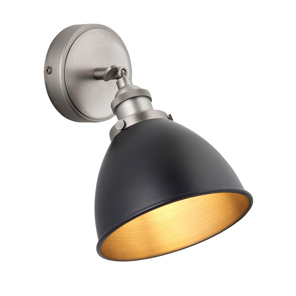 Franklin Task Matt Black Rolled Edge Metal Shade Wall Light In Aged Pewter Base