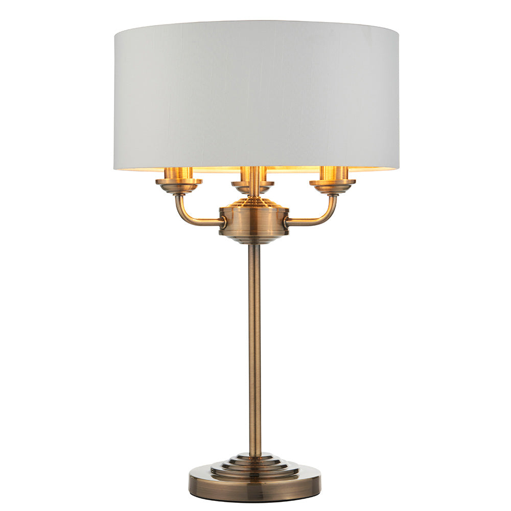 Highclere 3 Lights Vintage White Linen Shade Table Lamp In Antique Brass