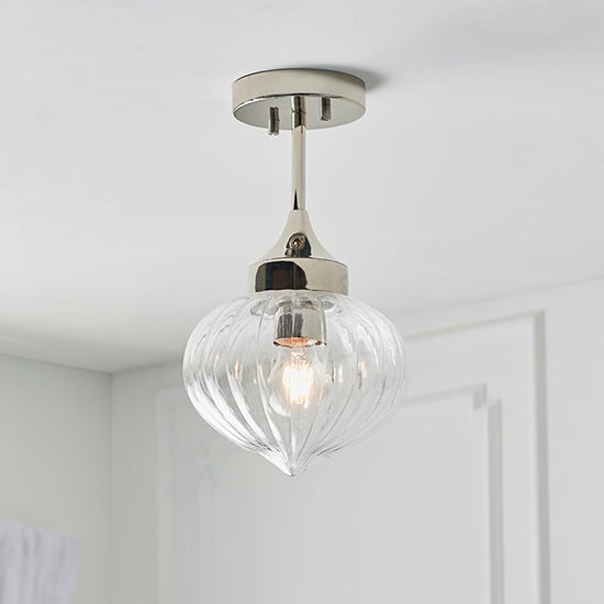 Addington Clear Ribbed Glass Shade Semi Flush Ceiling Light In Bright Nickel