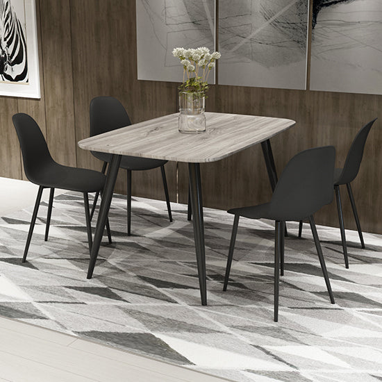 Craven Rectangular Grey Oak Effect Dining Table With 4 Berlin Curve Black Chairs