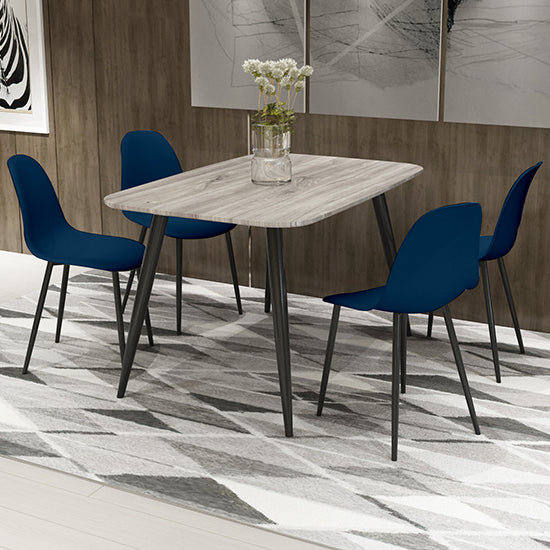 Craven Rectangular Grey Oak Effect Dining Table With 4 Berlin Curve Blue Chairs