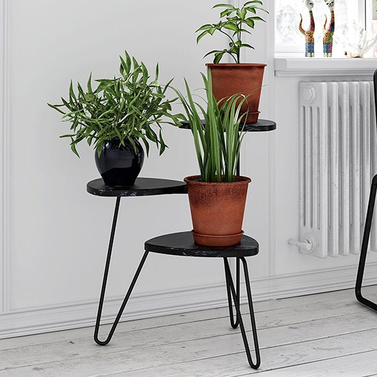 Athena Wooden Marble Effect Plant Stand In Black