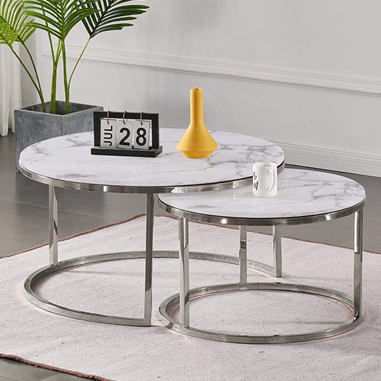 Avalon Wooden Set Of 2 Coffee Tables In White Marble Effect