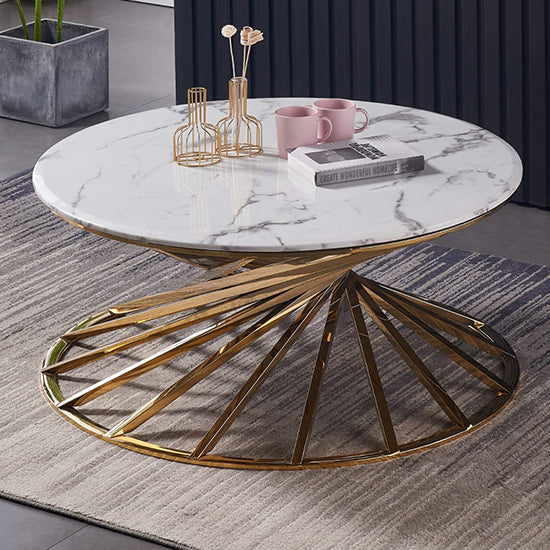 Axon Round Wooden Coffee Table In White Marble Effect With Gold Frame