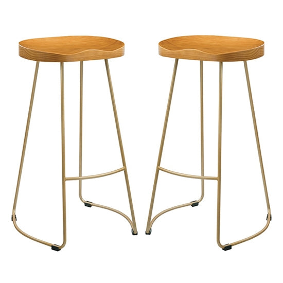 Bailey Pine Wood Seat Bar Stools In Pair With Golden Metal Legs