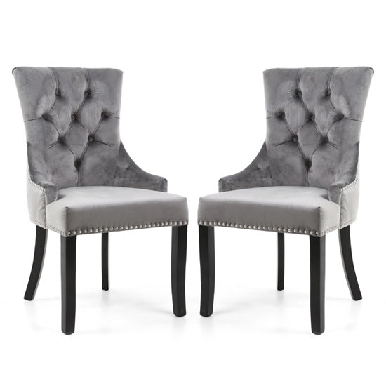 Chester Grey Velvet Dining Chairs In Pair With Black Rubberwood Legs