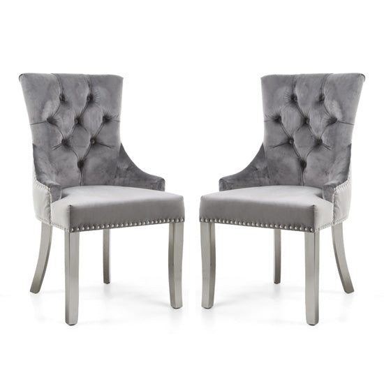 Chester Grey Velvet Dining Chairs In Pair With Polished Stainless Steel Legs