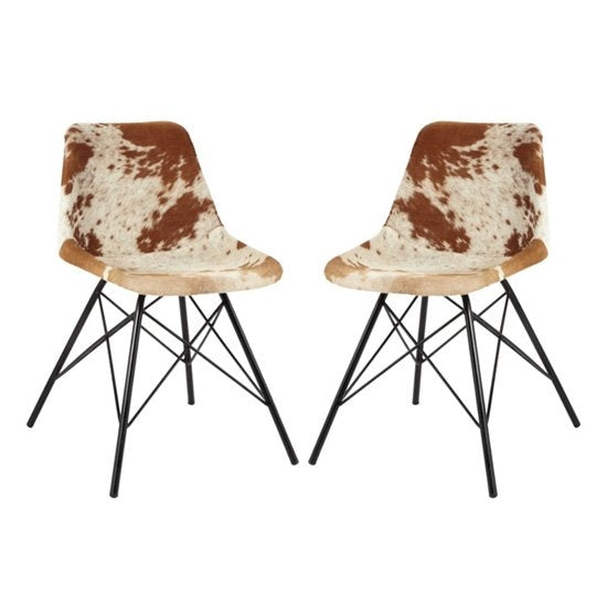 Cowhide Faux Leather Dining Chairs In Pair