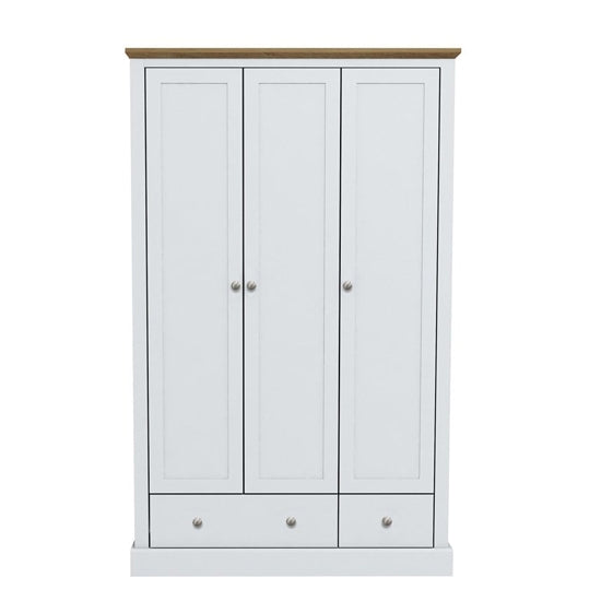 Devon Wooden Wardrobe In White With 3 Doors And 2 Drawers
