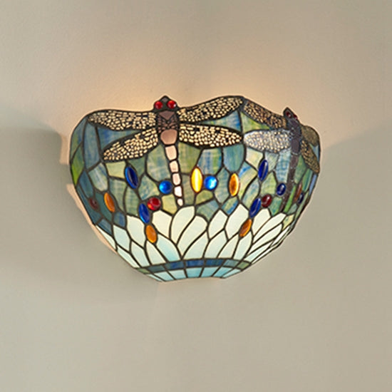 Dragonfly Blue Tiffany Glass Wall Light In Matt Black