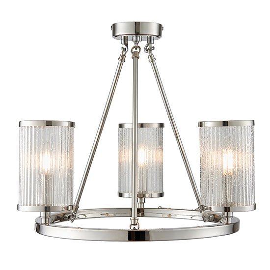 Easton 3 Lights Clear Ribbed Glass Semi Flush Ceiling Light In Bright Nickel