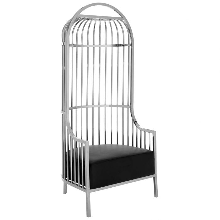 Eliza Stainelss Steel Dome Cage Chair In Silver With Black Faux Leather Seat