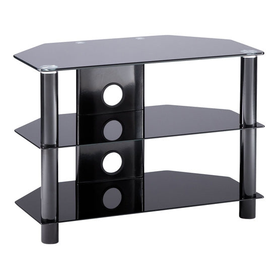 Essentials Medium Glass TV Stand In Black With Glass Shelves