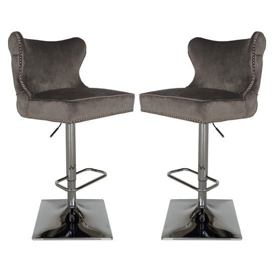 Florence Dark Grey Velvet Upholstered Bar Chairs In Pair