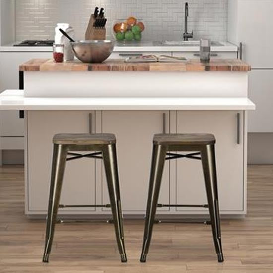 Fusion Bronze Metal Backless Counter Stools In Pair With Wooden Seat