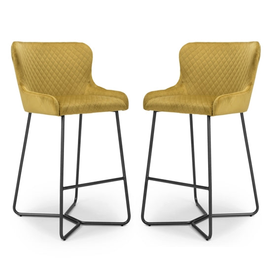 Gala Mustard Brushed Velvet Bar Stools In Pair